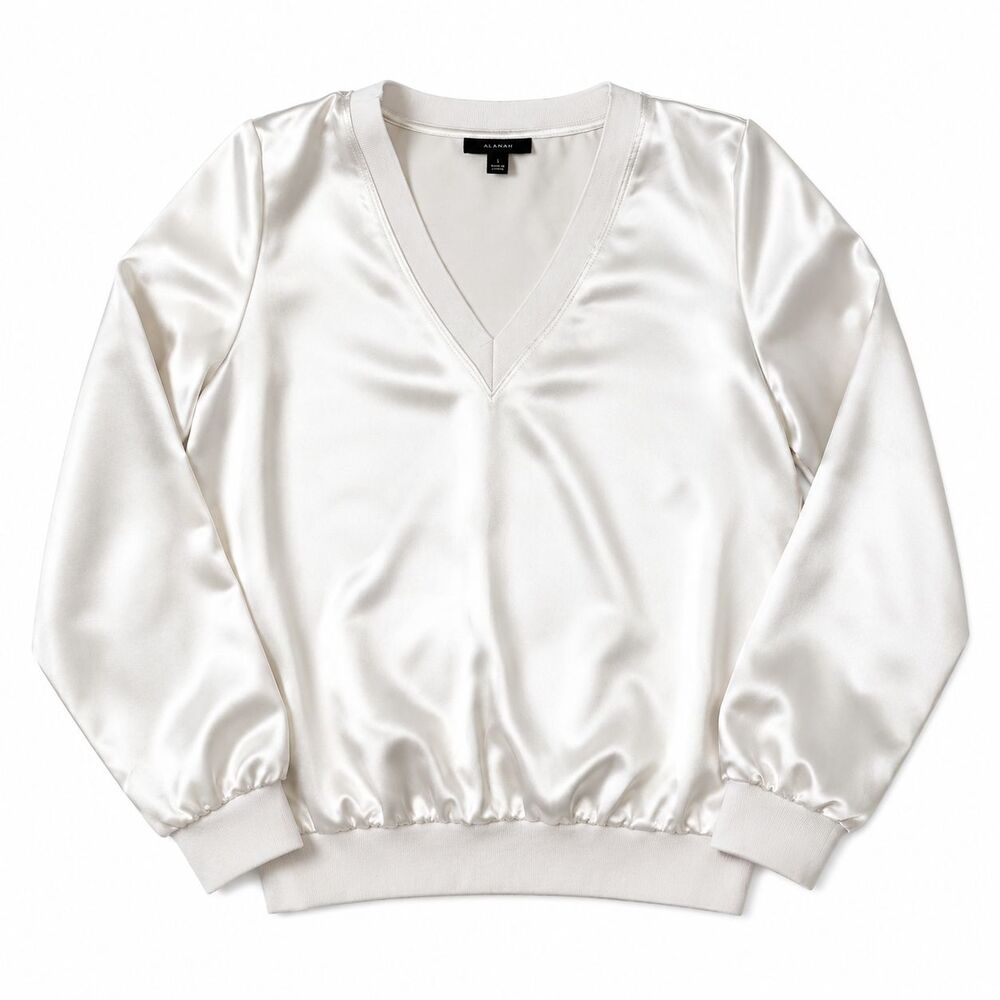 Women's Alfani Ivory Satin V-neck Long Sleeve Top Size S